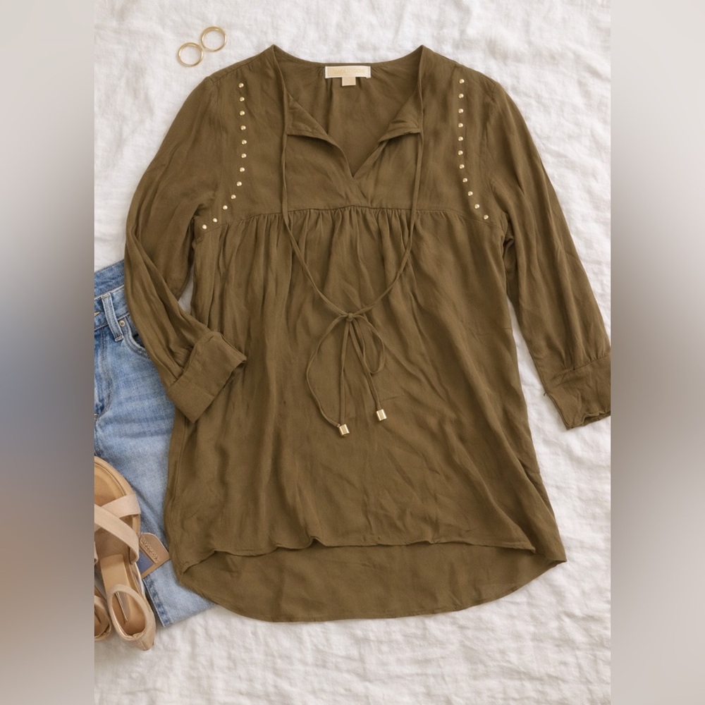 Michael Kors Olive Green Studded Tie Neck Blouse Size Medium Boho Peasant Top
